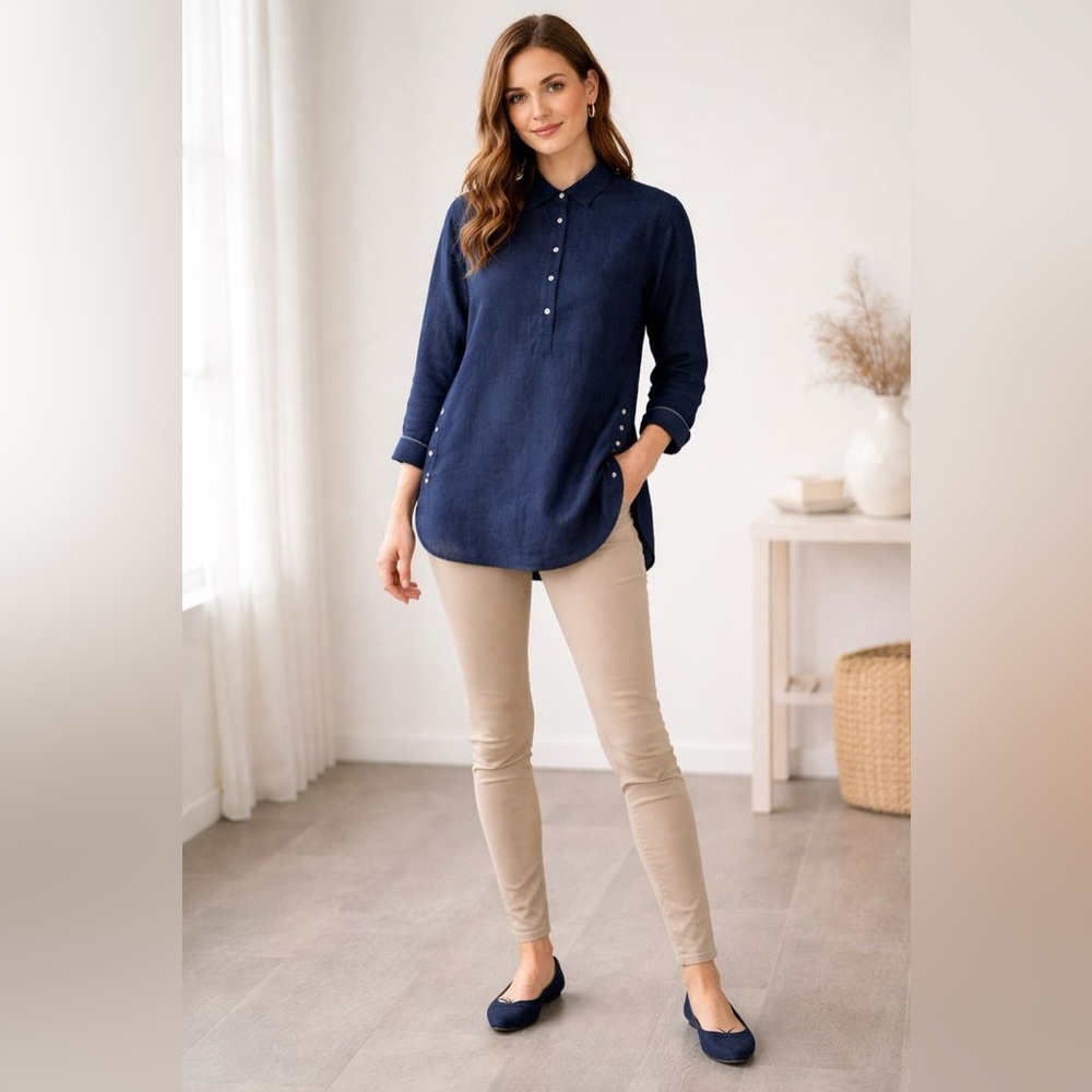 J. McLaughlin 100% Linen‎ Side Button Blouse in Navy.